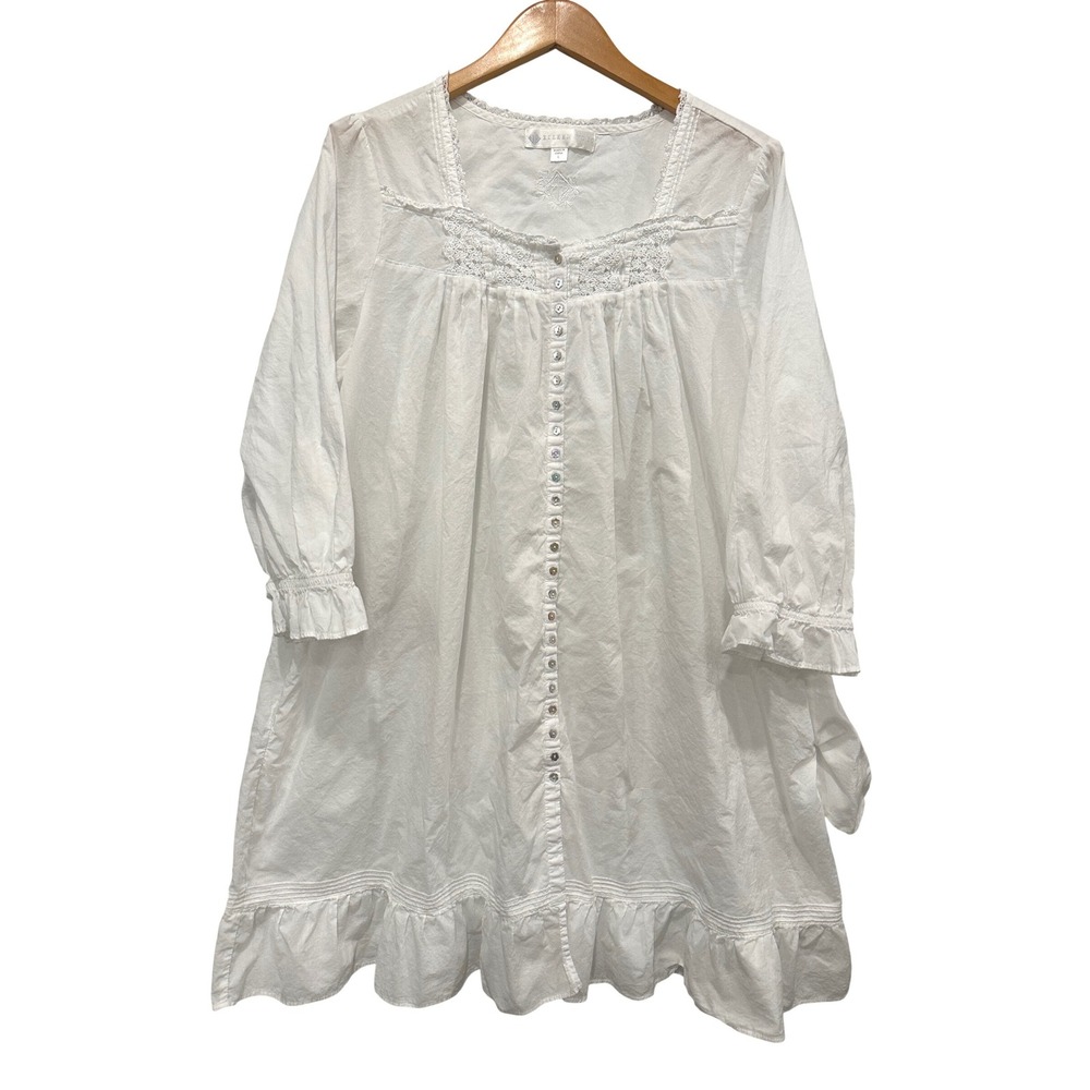 Eileen West Large White Cotton Lawn Lace Nightgown Long Sleeve Button Front
